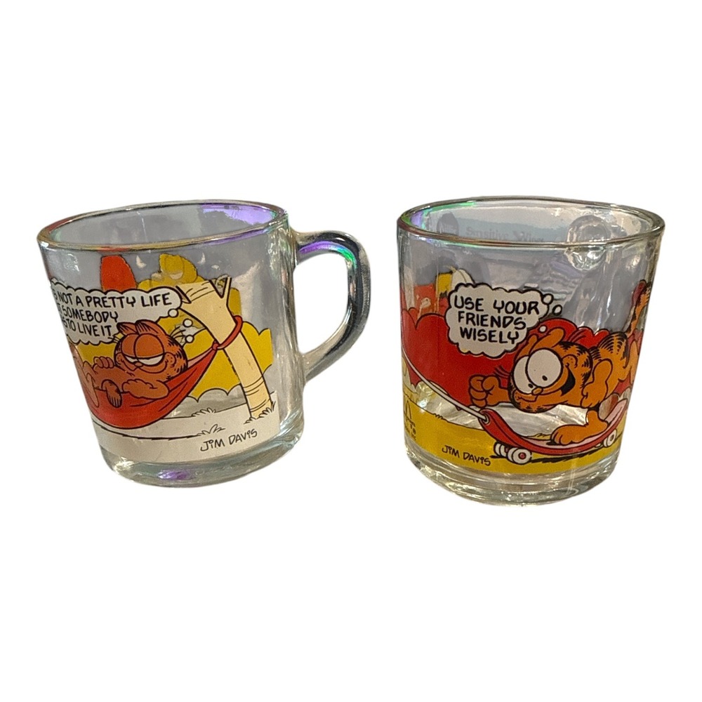 Vintage 1978 McDonalds Garfield Glass Mugs Set of 2 Jim Davis Odie Hammock Skate